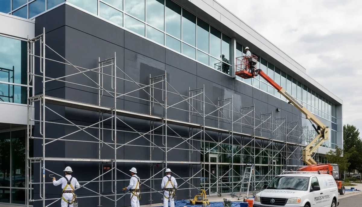 Professional commercial painters at work on Omaha NE office building exterior