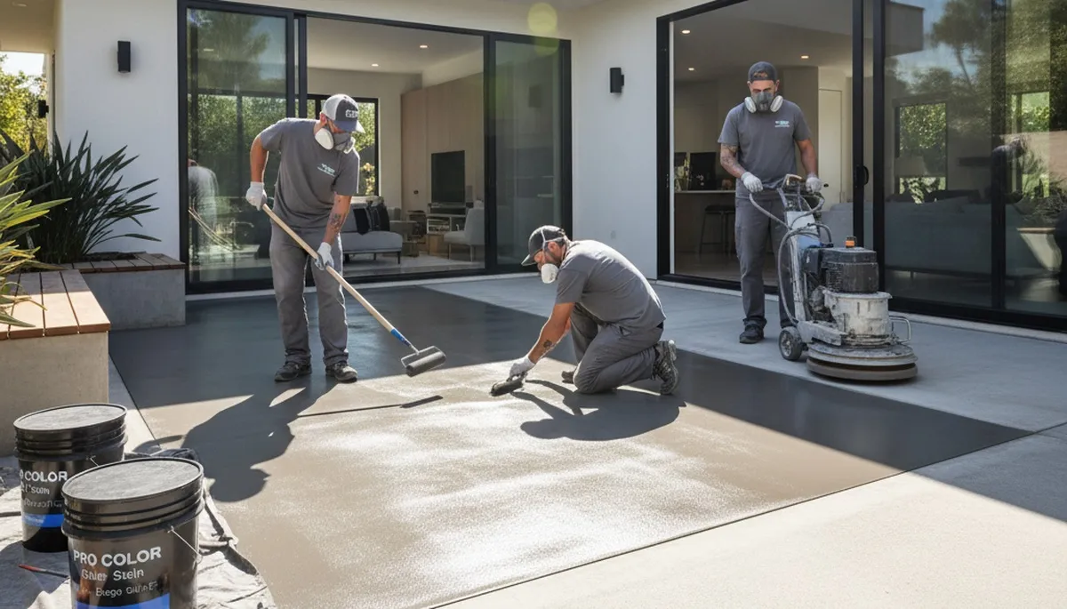Professional concrete staining on residential driveway in Omaha, NE for durable, long-lasting finish