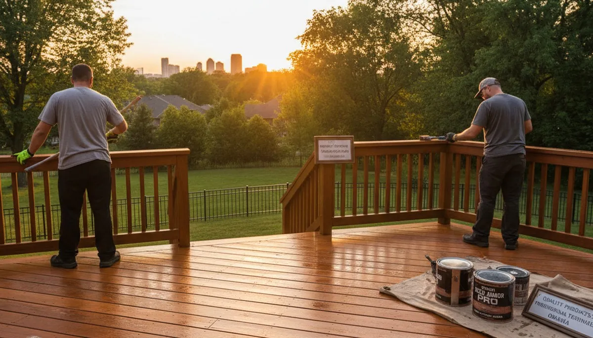Professional deck staining in Omaha NE enhancing wood color and protecting outdoor decks from weather damage