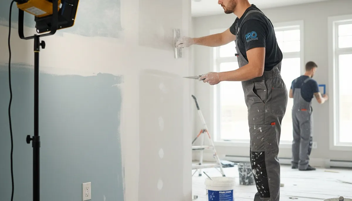 Drywall repair experts fixing wall cracks and holes in an Omaha, NE home interior