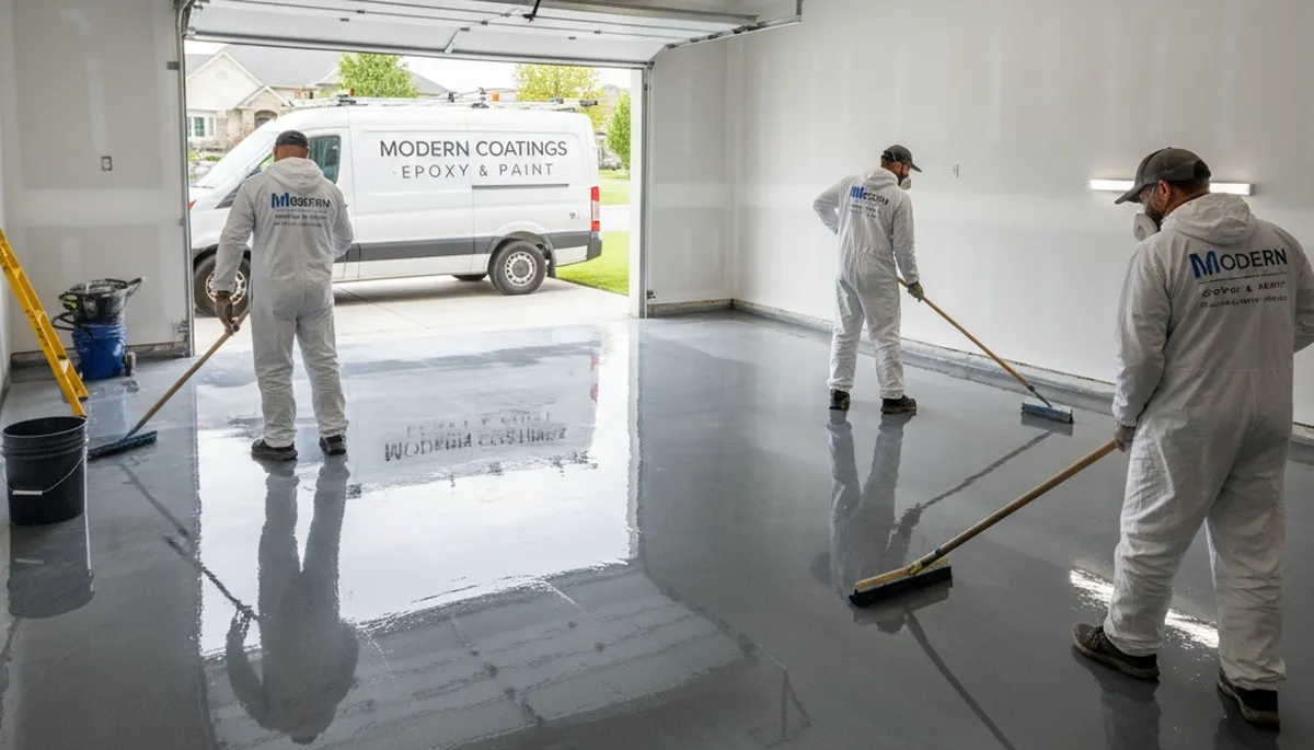 Epoxy floor coating installation in Omaha, NE garage by professional house painters
