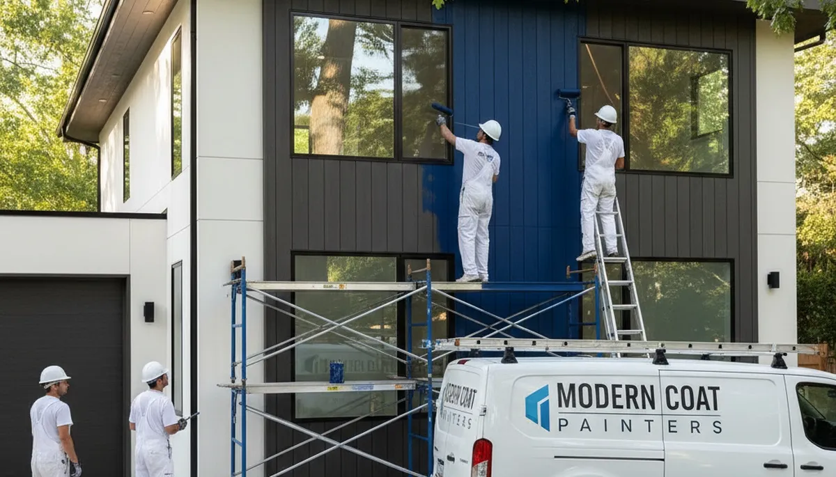 Professional exterior house painters in Omaha, NE applying durable weather-resistant paint finish