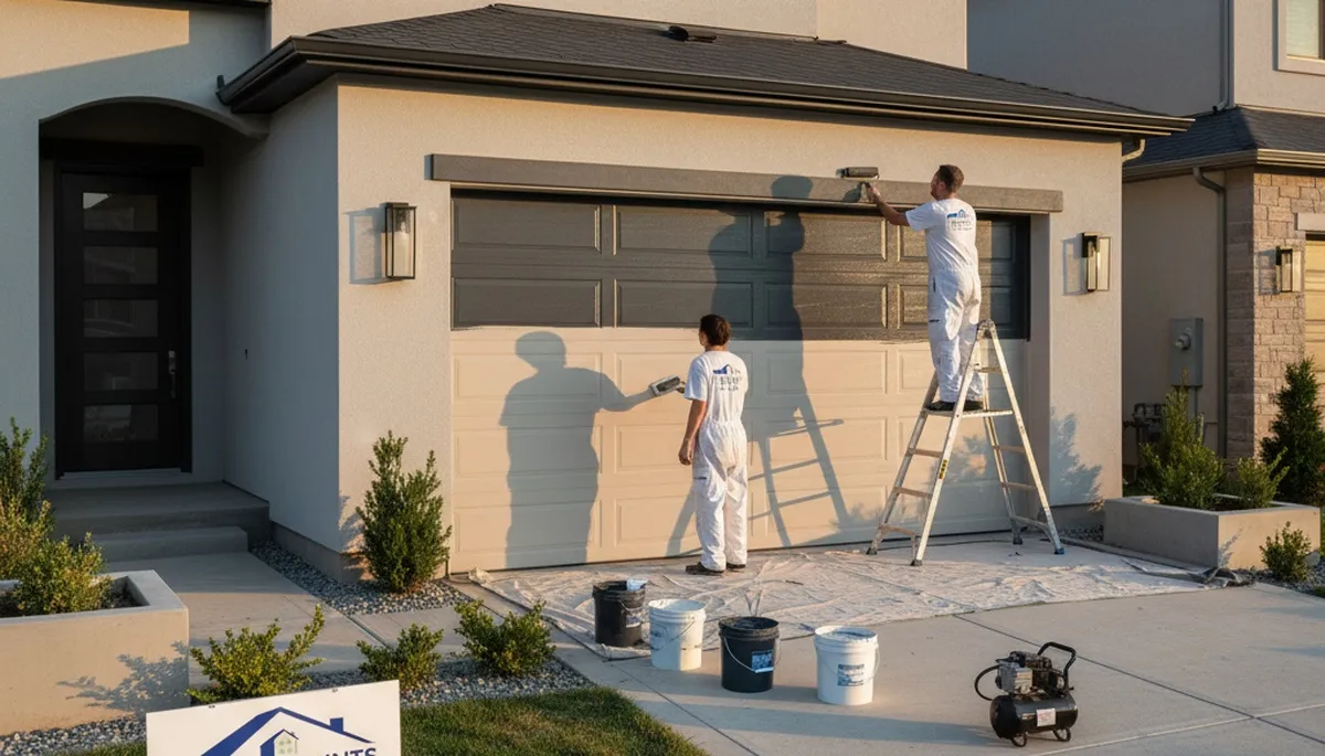 Professional painters refinishing a residential garage door in Omaha, NE with durable exterior paint