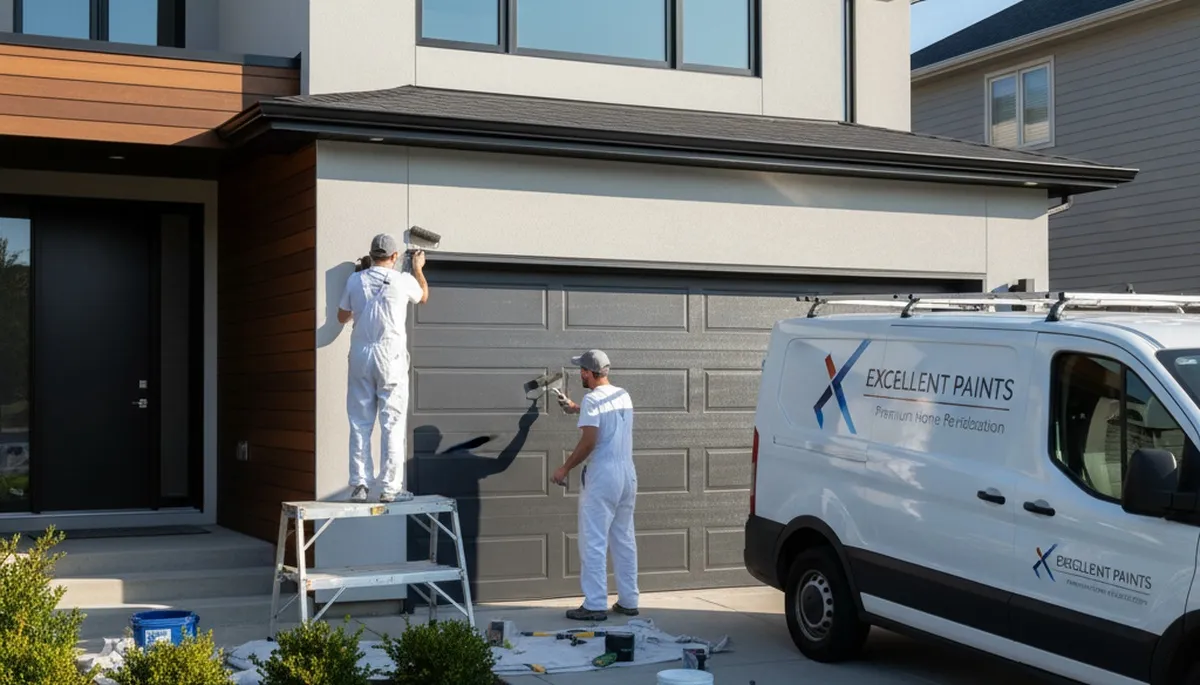 Professional painter refinishing a residential garage door in Omaha, NE for a durable, weather-resistant finish