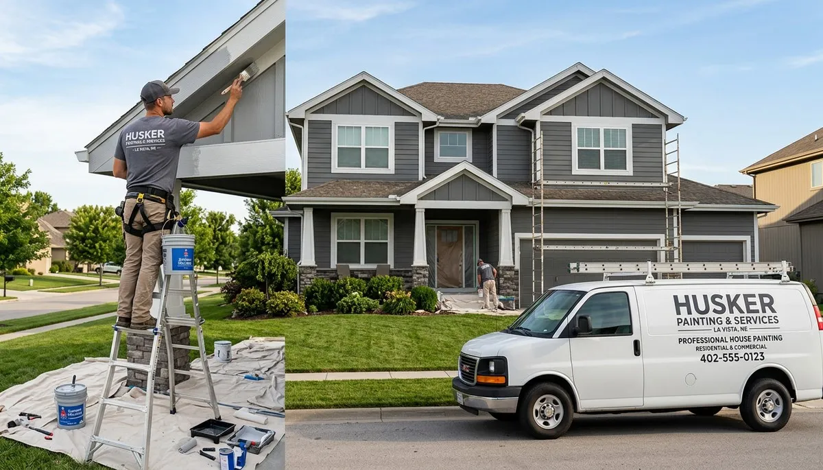 Professional house painters working on residential exterior in Omaha, NE