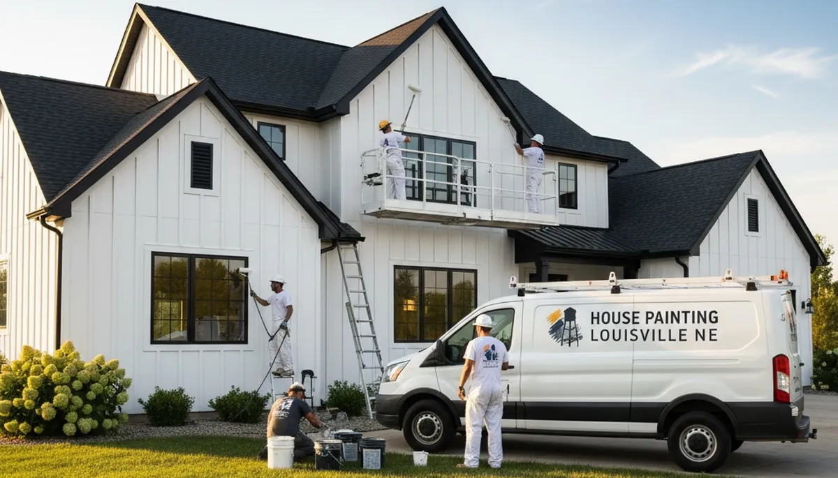 House painters in Omaha, NE painting a home exterior for a clean, professional finish