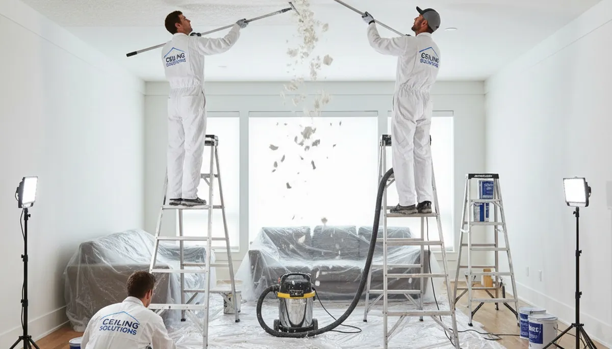 Professional popcorn ceiling removal in Omaha, NE home by expert painters creating smooth modern finish