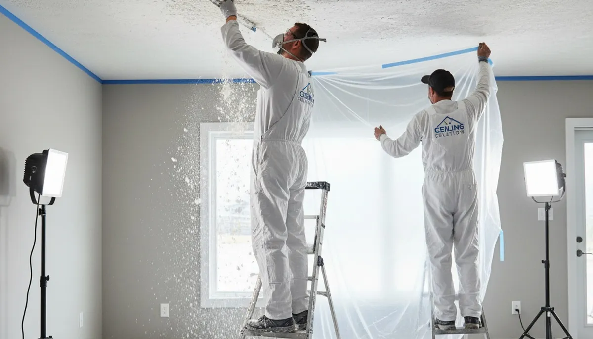 Painter removing popcorn ceiling in Omaha, NE home for smooth modern finish