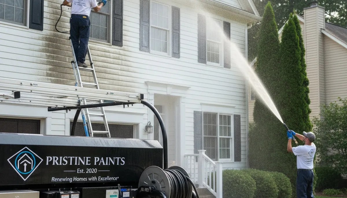 Professional pressure washing home exterior in Omaha, NE removing dirt, mold, and salt buildup
