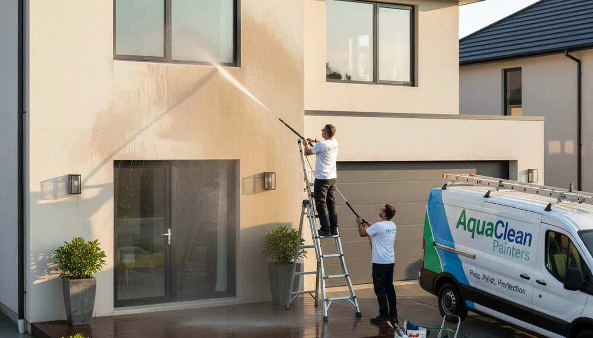 Professional pressure washing house exterior in Omaha, NE removing dirt, mold, and winter grime