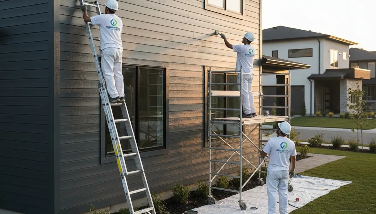 Professional siding painting on Omaha NE home exterior by expert house painters